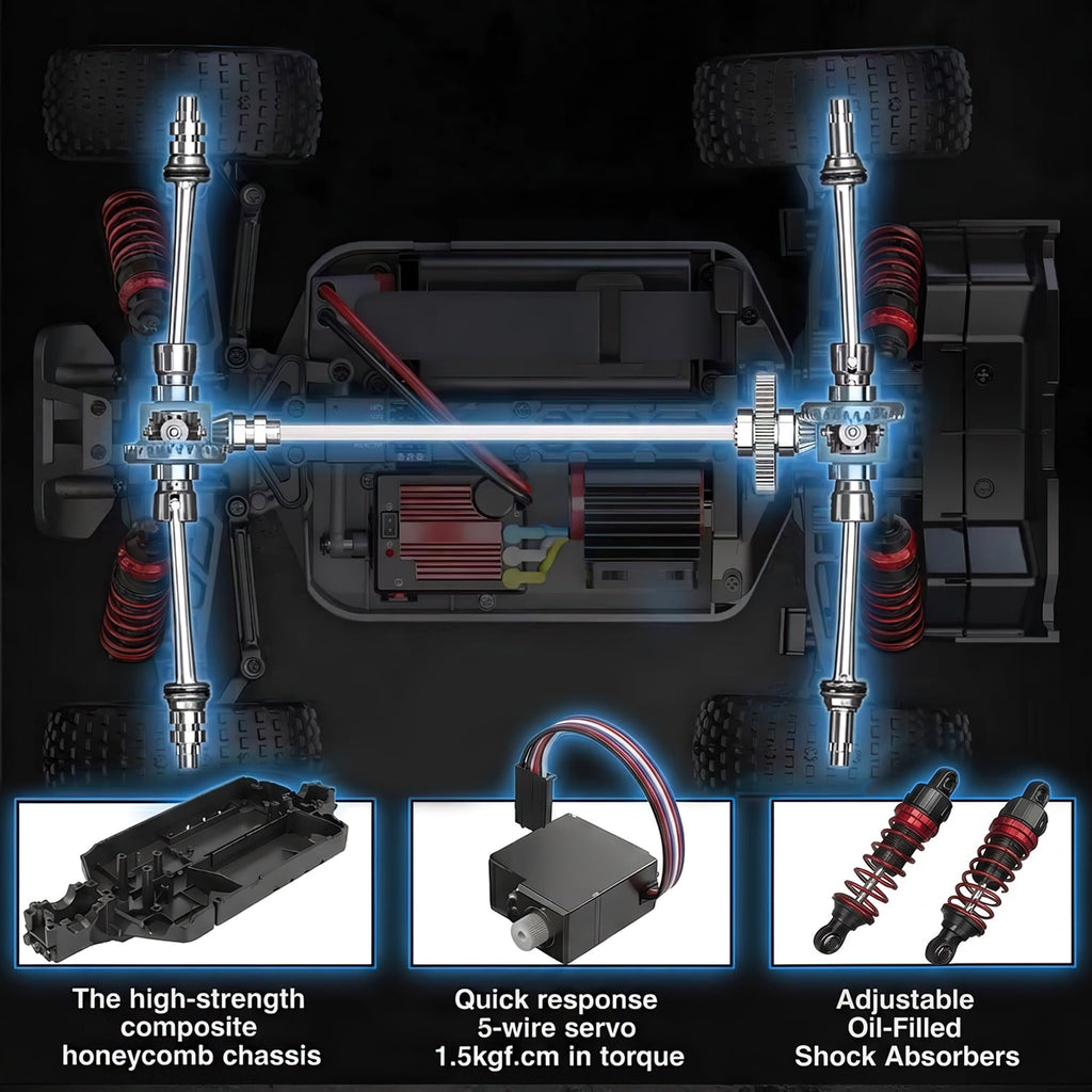AUOSHI RC Cars 1:16 High Speed Remote Control Truck, 4WD All Terrain Off Road RC Truck 35+MPH with LED Lights, 2 Batteries for Kids and Adults Toy Gifts