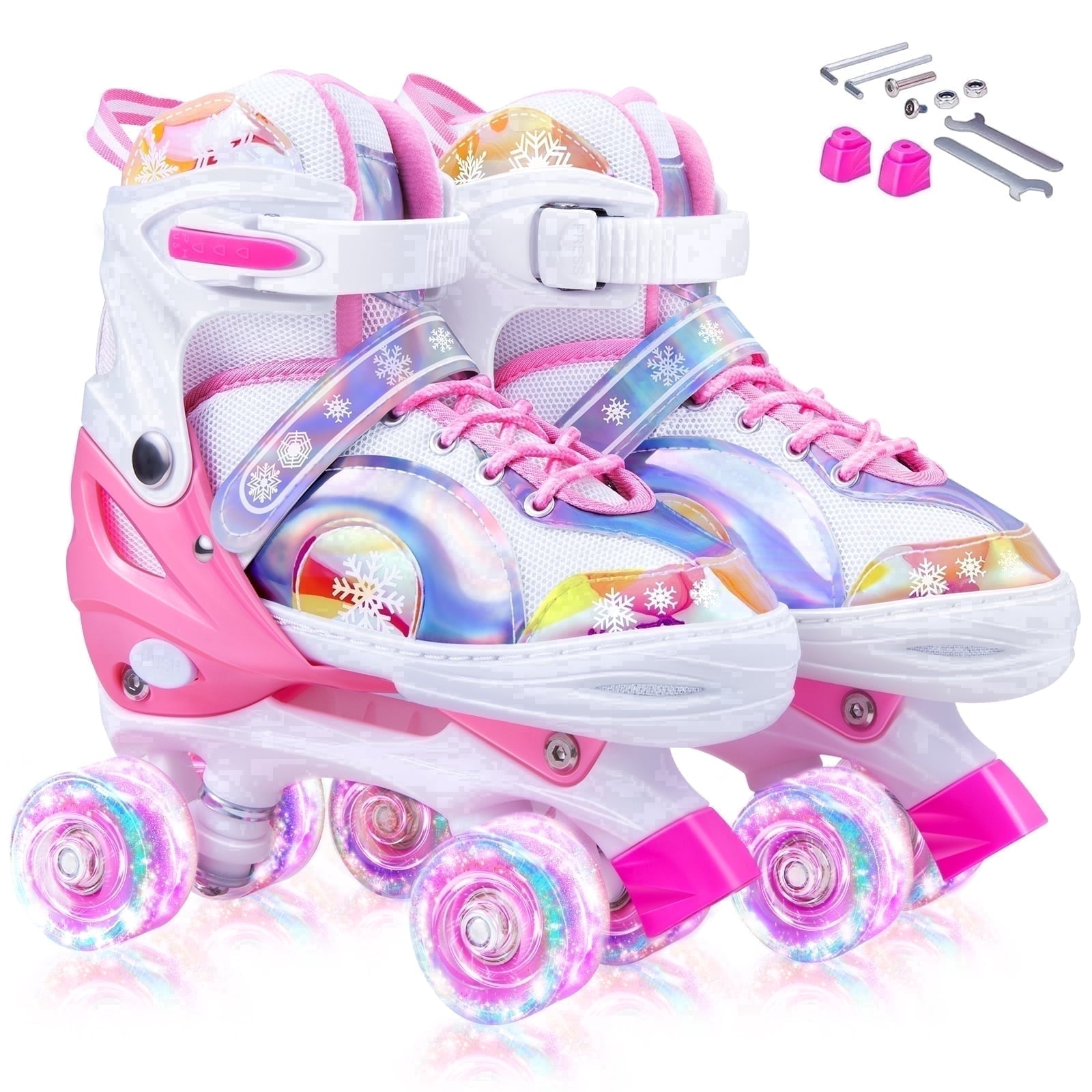 BVIVOK Adjustable Kids Roller Skates for Girls with Light up Wheels, Pink, Size 10C-13C