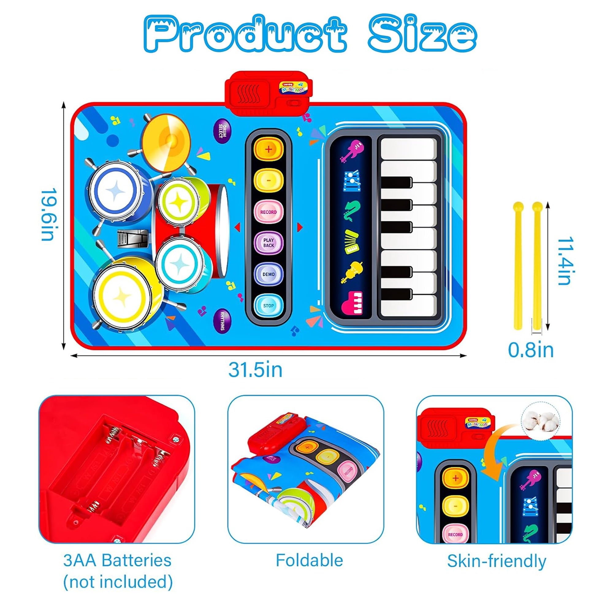 Richgv Upgraded Baby Toys for 1 Year Old Boys Girls, 2 in 1 Musical Toys Toddler Piano & Drum Mat with 2 Sticks, Learning Floor Blanket Gifts for 1 2 3 4 Year Boy Girl for Birthday Christmas