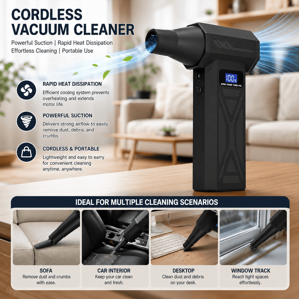 3-in-1 Air Duster and Vacuum Cleaner, 150000RPM High-Speed 4-Speed Adjustable Blower with Screen Display and LED Lights,Dust Remover for Computer/House/Outdoor/Car, Black